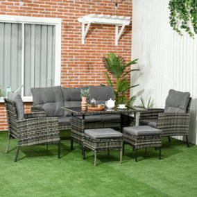 Outsunny 5 Seater Rattan Garden Furniture Set, 2 Armchairs, 3-seater Wicker Sofa, 2 Footstools and Glass Table