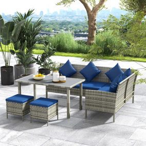 Outsunny 5Pcs Rattan Dining Corner Sofa Set, Garden Furniture Set, Dark Blue