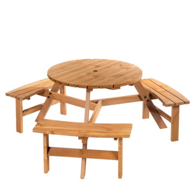 Outsunny 6 Person Fir Wood Parasol Table Bench Set Outdoor Garden Patio Dining