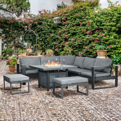 Outsunny 6 Piece Aluminium Garden Furniture Set Outdoor Conversational Corner Sofa Loveseat Sectional with Gas Fire Pit Table DIY at B Q