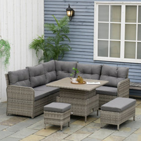 Outsunny 6 Pieces Outdoor PE Rattan Garden Furniture, Patio Wicker Sofa w/ Soft Padded Cushion & Liftable Coffee Table, Grey