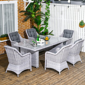 Outsunny 6 Seater Rattan Dining Set with Glass Top Table and Cushions, Grey