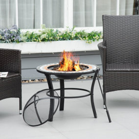 Outsunny 60cm Round Firepit with Mosaic Outer, Mesh Screen Lid and Poker