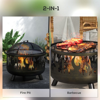 Outsunny 61.5cm 2-In-1 Outdoor Fire Pit & Firewood BBQ Garden Cooker Heater, Black