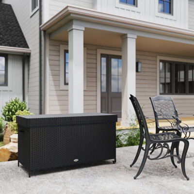 Outsunny 627 L Rattan Garden Storage Box with Gas Lift Lid and Wheels ...