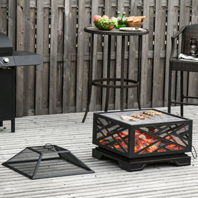 Outsunny 66cm Square Fire Pit Patio Metal Brazier w/ Grill Net Mesh Cover Poker