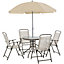 Outsunny 6PC Garden Dining Set Outdoor Furniture Folding Chairs Table Parasol Beige