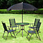 Outsunny 6PC Garden Dining Set Outdoor Furniture Folding Chairs Table Parasol Black