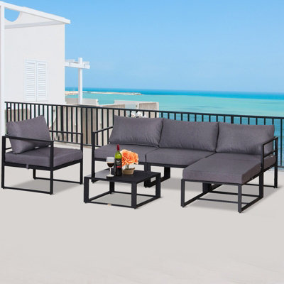 MFSTUDIO 6-Piece Patio Furniture Set - Metal Sectional Sofa With Coffee Table & Removable Cushions, Water-Resistant