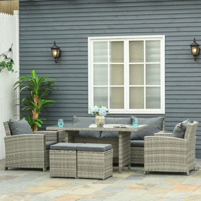 Outsunny 6Pcs Rattan Sofa Set Coffee Table Footstool Outdoor w/ Cushion