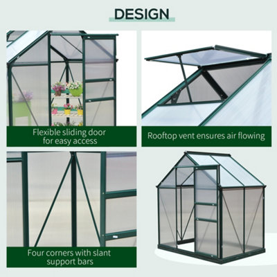 Outsunny 6x4ft Walk-In Polycarbonate Greenhouse Plant Grow Galvanized Aluminium