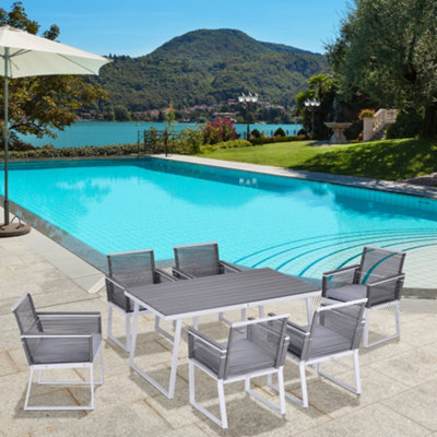 Outsunny 7 PCS Dining Set 6 PE Rattan Cushioned Chairs & 1 Rectangle