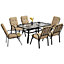 Outsunny 7 PCs Garden Dining Set, Glass Table w/ Umbrella Hole & Cushion, Beige