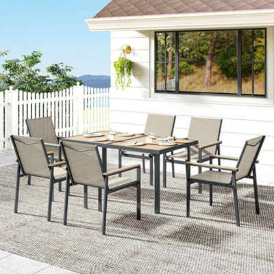 Outsunny 7 Piece Garden Dining Set, Outdoor Table and 6 Chairs, Khaki
