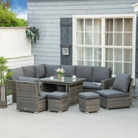 Outsunny 7 Piece Rattan Garden Furniture Set, Sofa Sectional with Cushioned Sofa Seat, Footstools and Expandable Glass Table,Grey