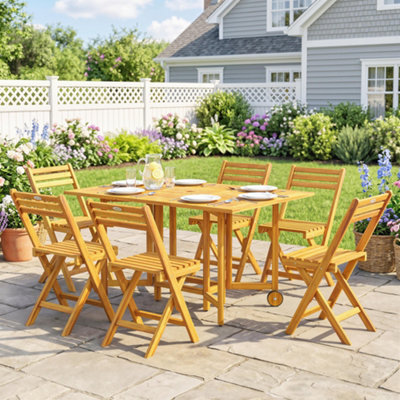 OUTSUNNY 7 PIECES GARDEN DINING SET WITH EXTENDING TABLE, 6 FOLDING CHAIRS