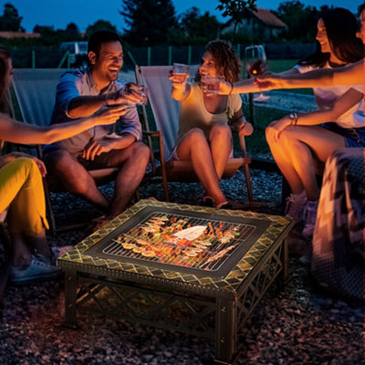 Outsunny 76cm Square Garden Fire Pit Square Table w/ Poker Mesh Cover Log Grate