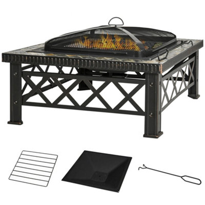 Outsunny 76cm Square Garden Fire Pit Table w/ Poker Mesh Cover Log Grate