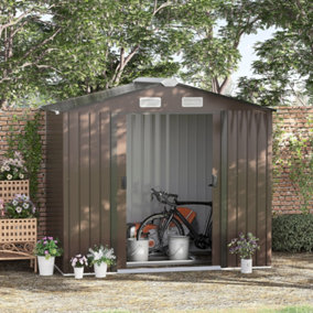Outsunny 7ft x 4ft Lockable Garden Metal Storage Shed Large Patio Roofed Tool Storage Building Foundation Sheds Box, Brown