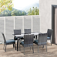 Outsunny 7PC Rattan Dining Set Patio Chair Glass Top Table Wicker Furniture Grey