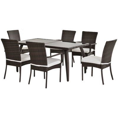Outsunny 7PC Rattan Dining Set Patio Chair Glass Top Table Wicker Furniture