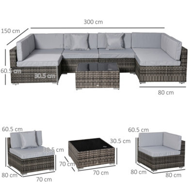Outsunny 7PC Rattan Furniture Sectional Sofa Set Coffee Table Buckle Structure Mixed Grey