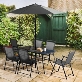 Outsunny 8 Pcs Garden Table and Chairs with Parasol Tempered Glass Top Black