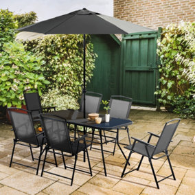 Outsunny 8 Pieces Garden Table and Chairs with Parasol Tempered Glass Top Black