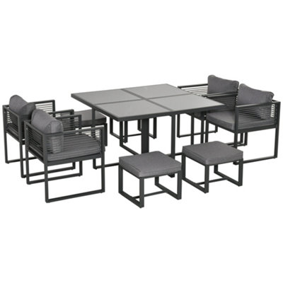 Outsunny 8 Seater Aluminium  Garden Dining Cube Set with 4 Chairs 4 Footstools