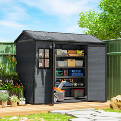 Outsunny 8 x 4 ft Resin Garden Shed with Floor, Lockable Doors, Dark Grey