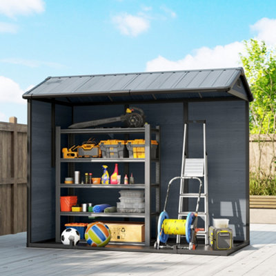 Outsunny 8 x 4 ft Resin Garden Shed with Floor, Lockable Doors, Dark Grey