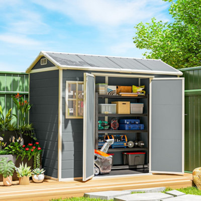 Outsunny 8 x 4 ft Resin Garden Shed with Floor, Lockable Doors, Light Grey