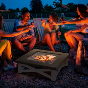Outsunny 86cm Square Garden Fire Pit Table w/ Poker Mesh Cover Log Grate