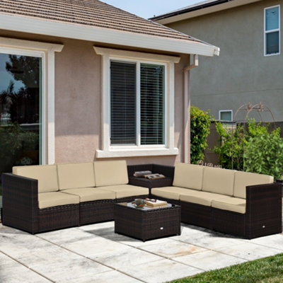 Outsunny 8Pcs Patio Rattan Sofa Set Garden Furniture Side Table with Cushion Brown