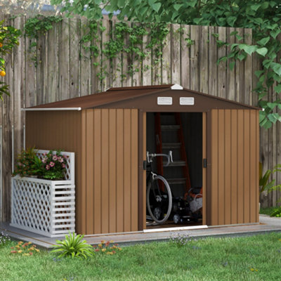Outsunny 9 x 6FT Galvanised Garden Storage Shed w/Sliding Door, Light Brown