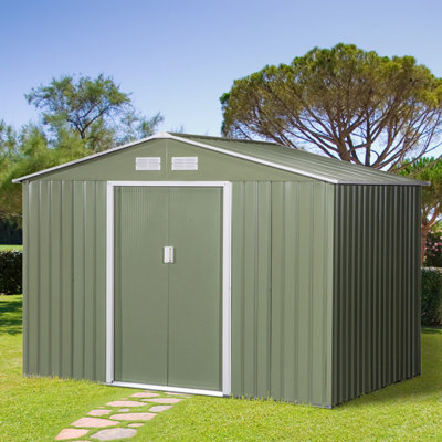 Outsunny 9 x 6FT Galvanised Garden Storage Shed with Sliding Door, Light Green