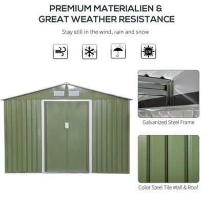 Outsunny 9 x 6FT Galvanised Garden Storage Shed with Sliding Door, Light Green