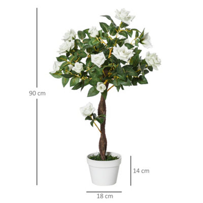 Outsunny 90cm Artificial Rose Tree Fake Decorative Plant 21 Flowers Pot White