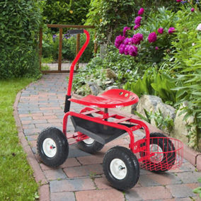 Outsunny Adjustable Rolling Garden Cart Gardening Tool Trolley Swivel Work Seat