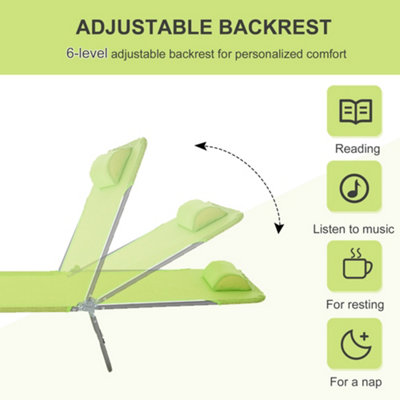 Outsunny Adjustable Sun Bed Garden Lounger Recliner Relaxing Camping Light Green