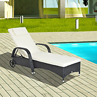 Outsunny Adjustable Wicker Rattan Sun Lounger Recliner Chair with Cushion Black