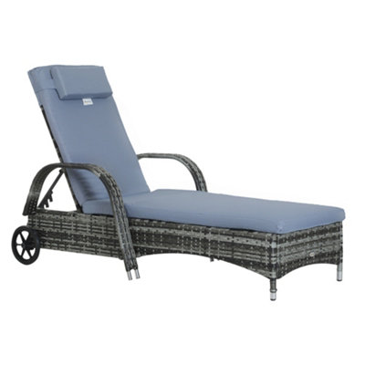 Outsunny Adjustable Wicker Rattan Sun Lounger Recliner Chair with Cushion Grey