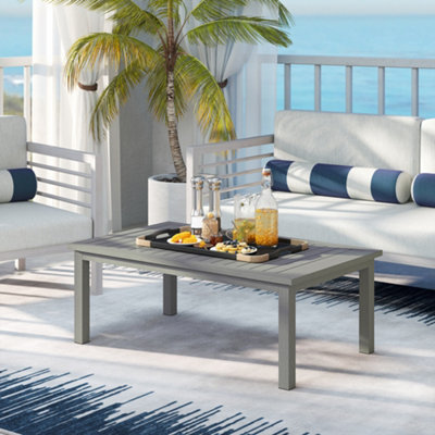 Outsunny Aluminium Outdoor Coffee Table Patio Table w/ Grey Wood Grain Effect