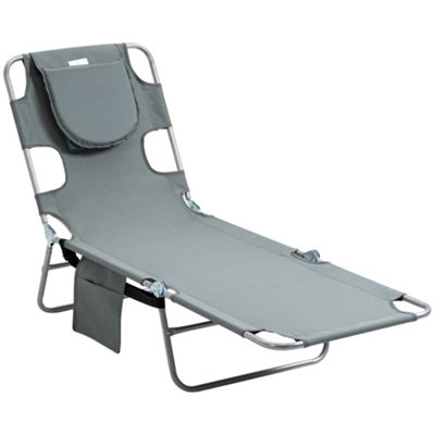 Outsunny Beach Chaise Lounge Portable Adjustable with Face Cavity Grey