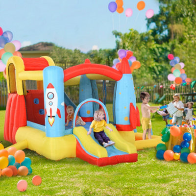 Outsunny Bouncy Castle with Slide Pool Rocket Trampoline w/ Carrybag Blower