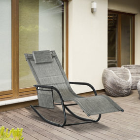 Outsunny Breathable Mesh Rocking Chair Outdoor Recliner with Headrest Dark Grey