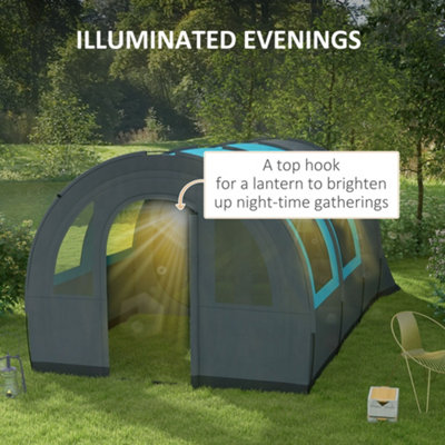 Outsunny Camping Tent, 3000mm Waterproof Family Tent for 5-6 Man, Grey and Blue