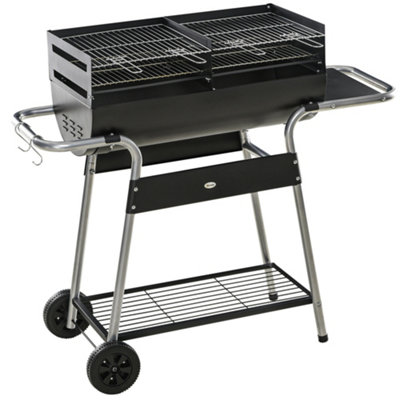 Outsunny Charcoal Barbecue Grill BBQ Trolley with Double Grill, Side Table, Storage Shelf, and Wheels for Outdoor Cooking