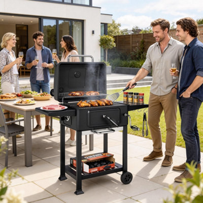 Outsunny Charcoal BBQ Grill, Large Barbecue Grill Smoker with Wheels, Black