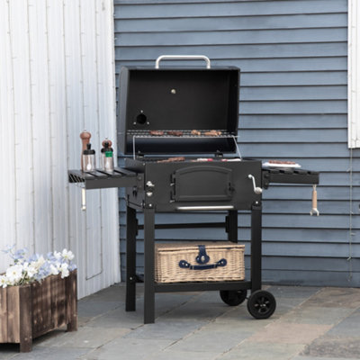 Outsunny Charcoal Grill BBQ Trolley w/ Adjustable Height & Thermometer ...